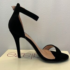 Stiletto High Heel Ankle Strap Sandal. Size 7.5. Color: Black. Material: Suede.